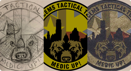 Consecutive image collage of customer suplied patch drawing, computer rendering, and final product patch for a tactical medic team