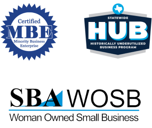 Trio of official program logos - Certified MBE, Statewisde HUB, SBA WOSB