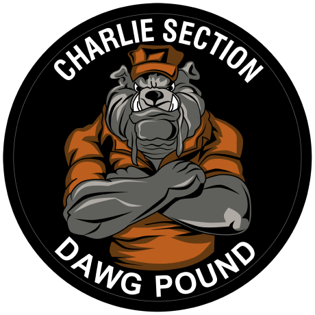 Charlie Section Dawg Pound Patch - High Resolution Example - Anthropomorphised dog standing tall with arms crossed, mean grin, staring into your eyes, with orange polo and cap on black background