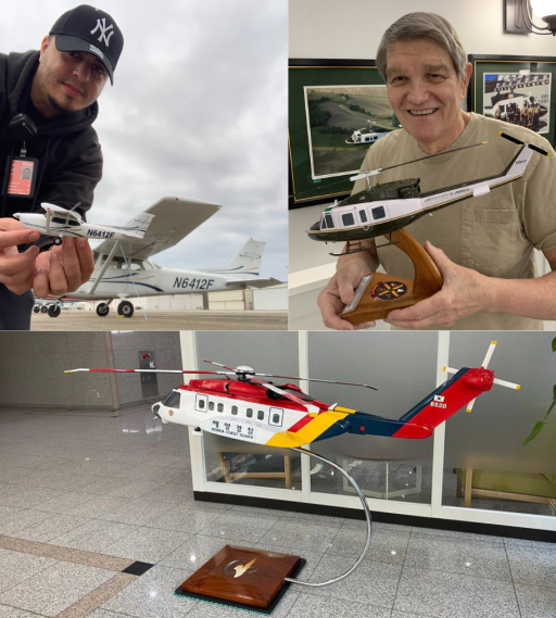 Collage of UGC photos man with plane model N6412F, older man holding helicopter UNITED STATES OF AMERICA, and Korea Coast Guard helicopter model on display.
