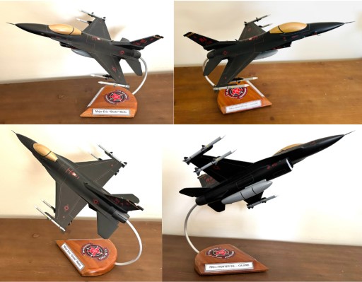 Wraith F‑16 custom aircraft model shown from multiple angles on wooden base