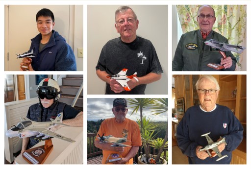 Collage of six people each holding military aircraft models on wooden stands