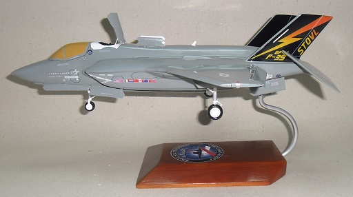 F‑35B STOVL model on display stand with BF‑01 tail marking, open doors, landing gear down, and visible decals