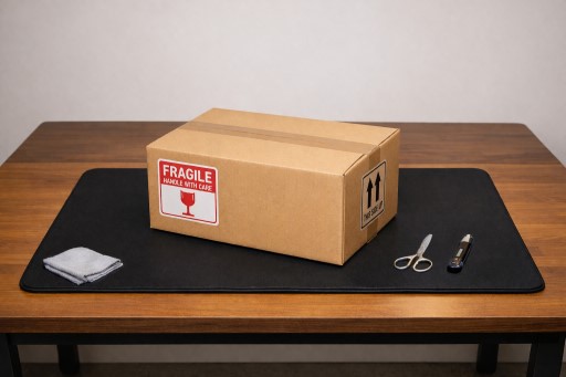 Fragile box on clean table with unpacking tools