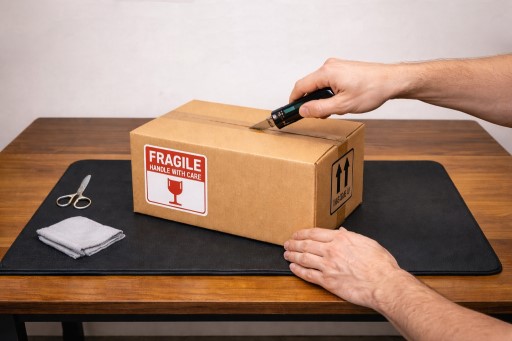 Hands opening a fragile box with a utility knife