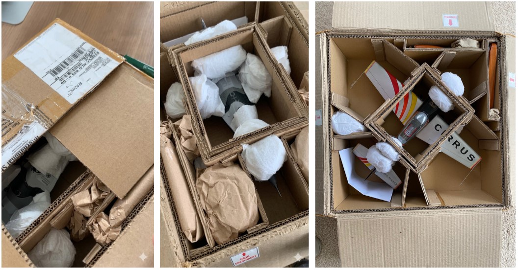 Collage of protective packaging for a custom aircraft model with dividers, foam, and wrapped components