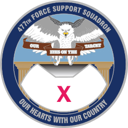 rendered image of challenge coin with eagle glying over a bottle opener cutout surounded by text that reads '477th Force Support Squadron - Our Hearts With Our Country'