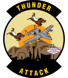 rendered design of zap sticker w/ two warthogs (the animal) flying wingman for an A-10 over a silhouette of las vegas