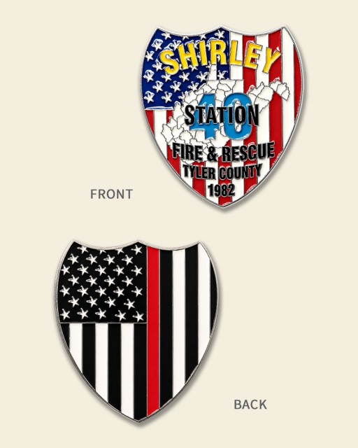 Shirley Station40 Fire &Rescue Tyler County 1982 firefighter challenge coin showing department badge on front and Thin Red Line flag on back.