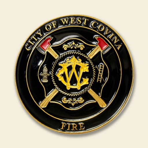 West Covina Fire Department firefighter challenge coin featuring crossed axes and helmet emblem.