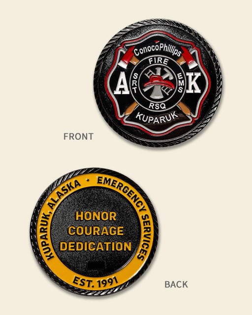 Conoco Phillips Kuparuk Fire Department firefighter challenge coin featuring Maltese Cross and fire helmet on front with Honor, Courage, Dedication engraving on back.