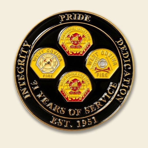 West Covina Fire Department firefighter challenge coin featuring Integrity, Pride, Dedication, and 57 Years of Service engraving on the back.