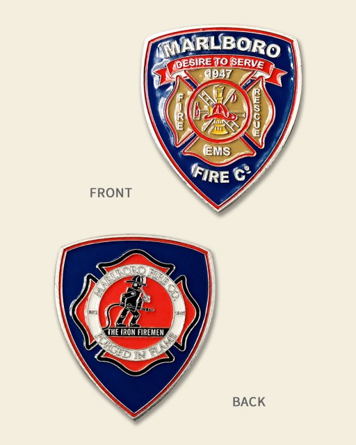 Marlboro Firefighters Association firefighter challenge coin showing Maltese Cross with department details on front and Iron Firemen design on back.