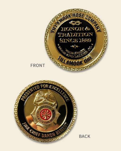 Tillamook Fire Chief firefighter challenge coin featuring Maltese Cross and eagle on back with Honor & Tradition Since 1889 engraving on front.