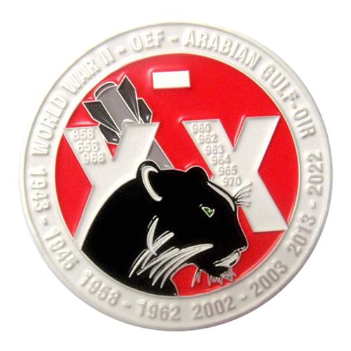 968th EAACS WW II challenge coin front with black panther, red background, and XX Roman numerals