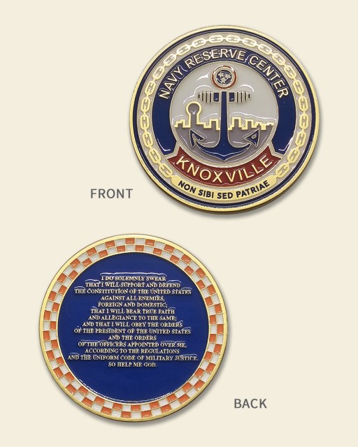 Naval Reserve Center Knoxville Reenlistment challenge coin featuring anchor emblem, Knoxville banner, and reenlistment oath text with satin gold plating.