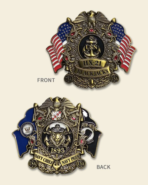 United States Navy HX-21 Command Coin featuring raised antique bronze metal, American flags, Navy insignia, and 3D sculpted details.