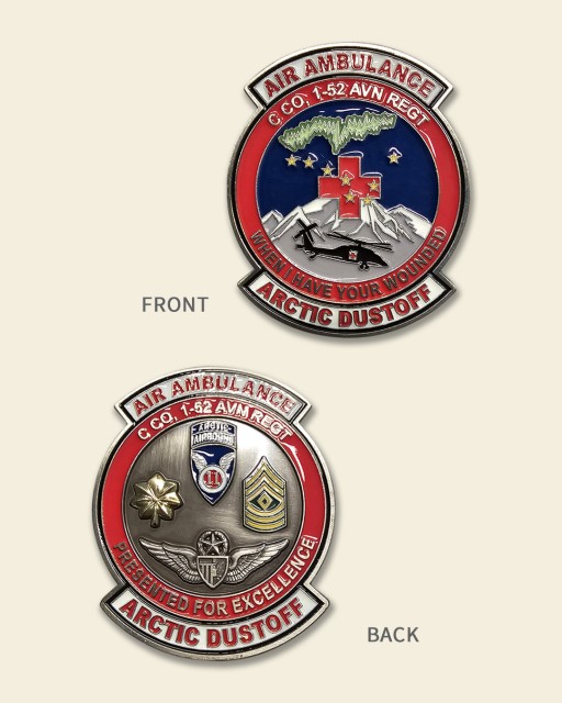 C-1-52 GSAB Air Ambulance Commander challenge coin featuring helicopter, red cross, Arctic Dustoff text, and raised antique silver plating.