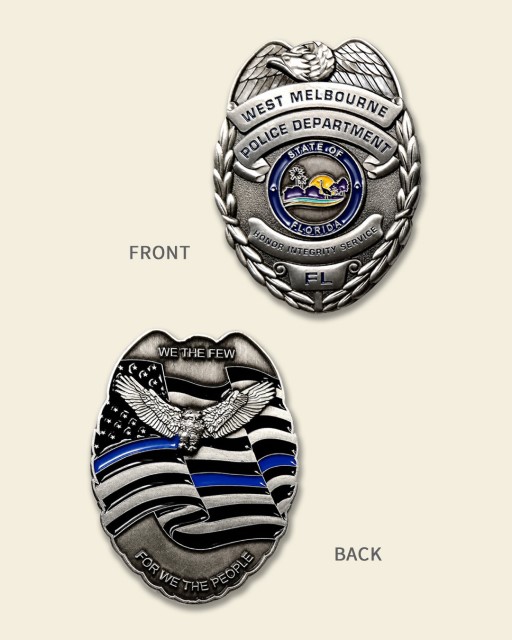 Front and back of West Melbourne Police Department challenge coin featuring badge, eagle, and Thin Blue Line design.