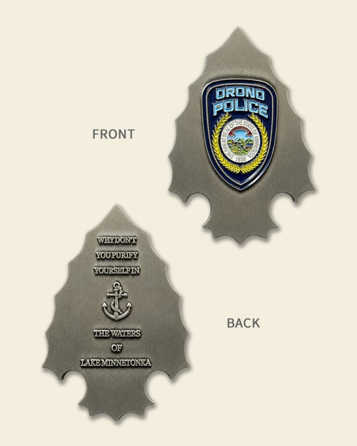 Front and back of Orono Police Department challenge coin with badge emblem and engraved Lake Minnetonka motto.