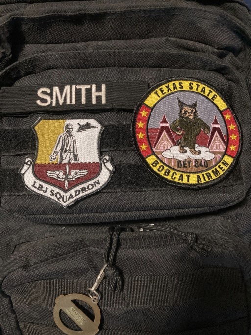Custom AFROTC Det 840 LBJ Squadron patch and Texas State University Bobcat Airmen patch showing craftsmanship and unit pride