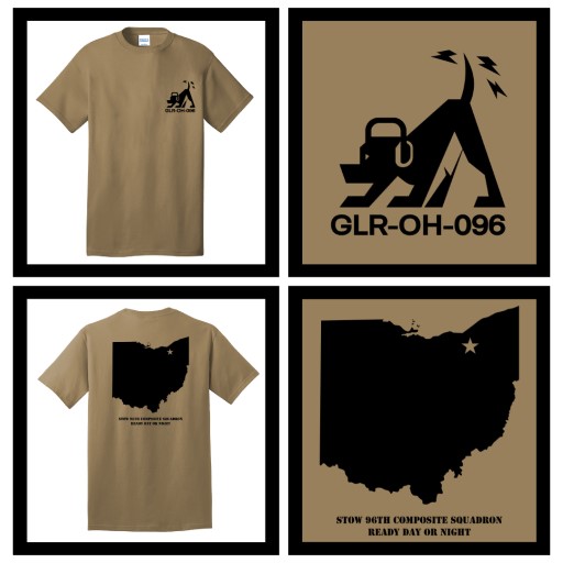 Civil Air Patrol GLR-OH-096 custom T-shirt for Stow 96th Composite Squadron showing front and back design with squadron logo and Ohio outline