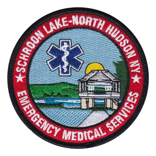 Schroon Lake–North Hudson EMS embroidered patch featuring Star of Life with scenic lake and mountain design.