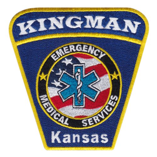 Kingman Kansas EMS embroidered patch featuring the Star of Life over an American flag background.
