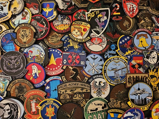 Collection of Aviator Gear Patches displayed together, showing various embroidered military and aviation designs