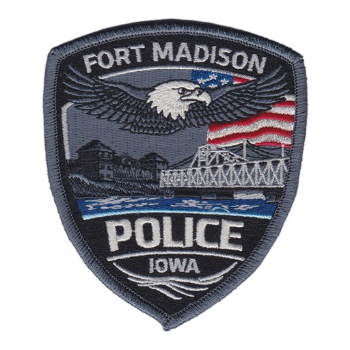 Fort Madison Police Iowa subdued embroidered patch featuring an eagle, bridge, and American flag in muted gray and blue tones, symbolizing professionalism and local pride.