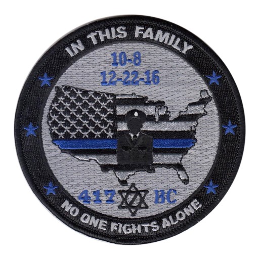 LA County Sheriff Department 417-BC commemorative patch showing a gray map of the U.S. with a black and white flag and blue line, symbolizing law-enforcement unity and support.