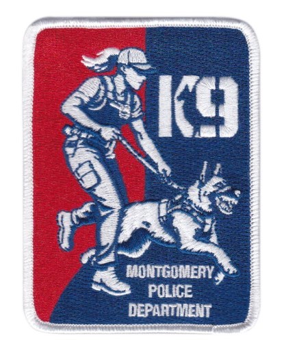 Montgomery Police Department K-9 Unit patch showing a handler and dog in motion with bold red and blue background, symbolizing teamwork and readiness.