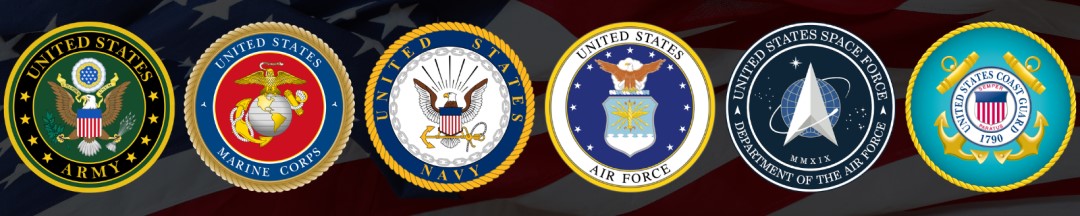 Seals of U.S. military branches on an American flag background