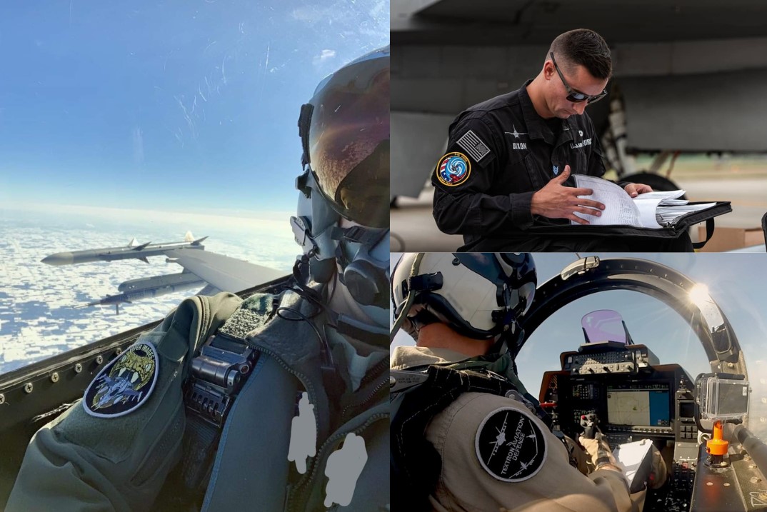 Collage showing military aviators in cockpit and flight line settings, each wearing flight suits with visible patches
