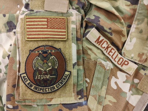 445 AW Inspector General OCP patch on camouflage uniform with flag and name tape