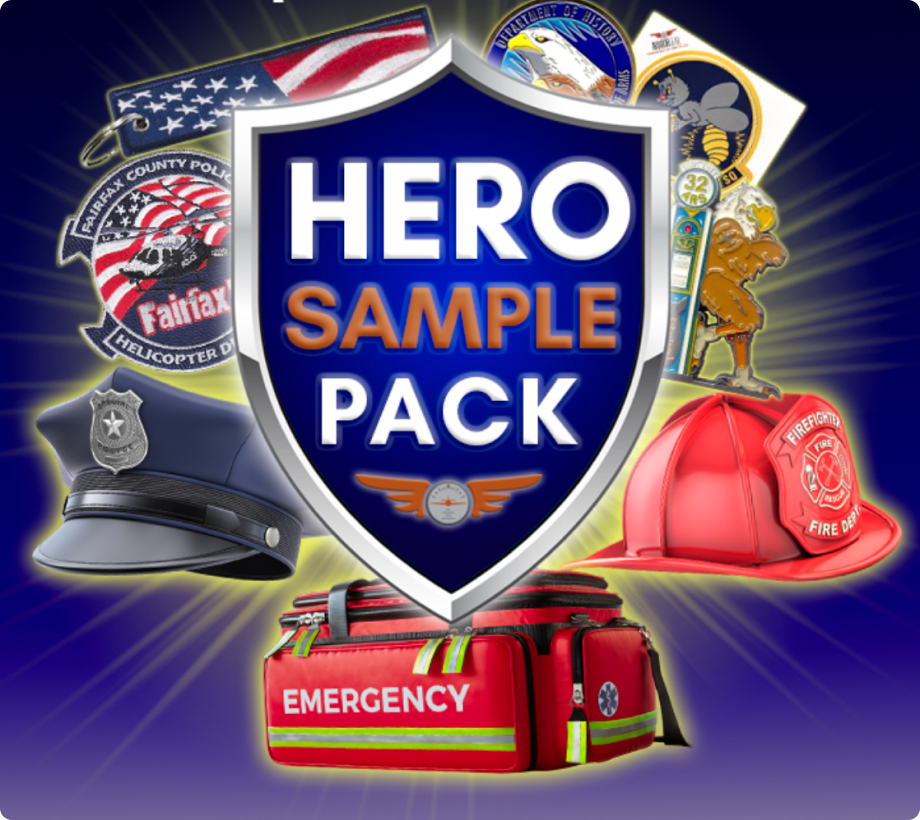 Hero Sample Pack Image - Collage of Patches, Zap Stickers and Lanyards
