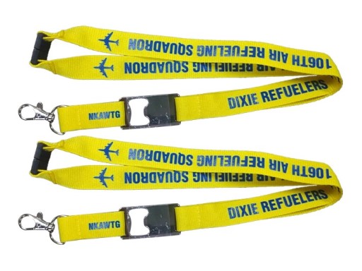 Yellow 106th Air Refueling Squadron lanyards with blue text and airplane graphic