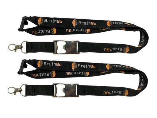 Black BRAINGU LLC lanyards with white and orange text and brain logo