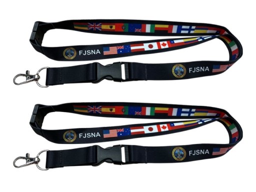 Black FJSNA lanyards with international flags and logo printed along strap
