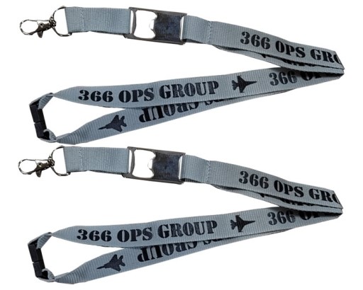 Gray 366 OG lanyards with black text and jet graphic