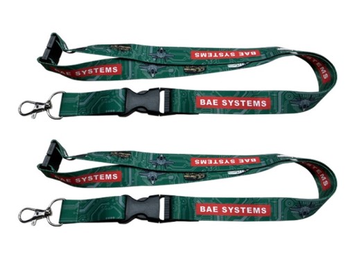Green BAE Systems lanyards with circuit board design, aircraft graphics, and red logo text