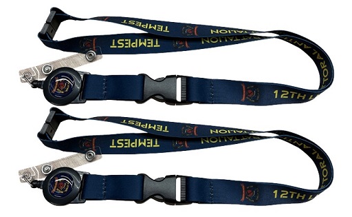 Two 12 LAAB lanyards with badge reels, printed text, logos, plastic buckles, and safety breakaway