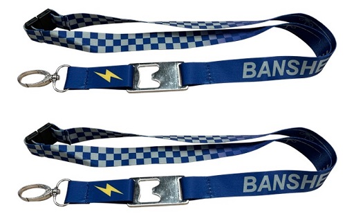 Two 42 ECS lanyards laid flat with printed text, logos, oval hooks, bottle openers, and safety breakaway