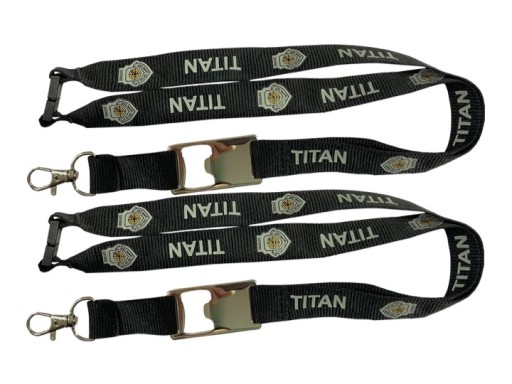 Black 340 WPS lanyards with white TITAN text and shield logo