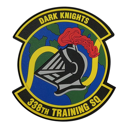 38th Training Squadron patch with knight helmet, globe, yellow border, and DARK KNIGHTS text