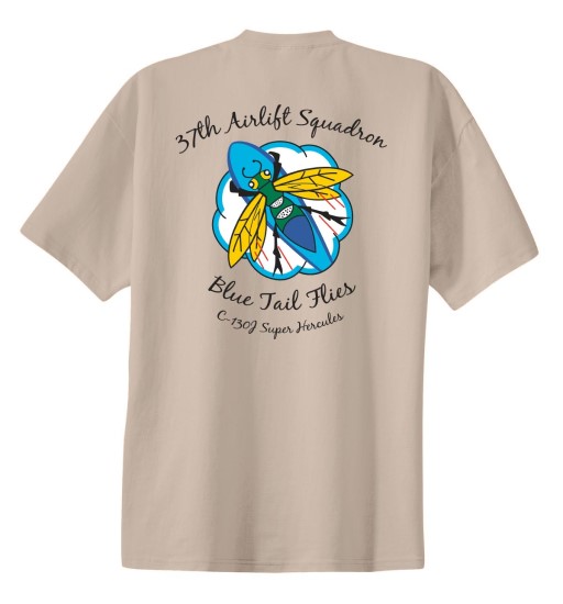 37th Airlift Squadron t‑shirt back design featuring Blue Tail Flies artwork and C‑130J Super Hercules text