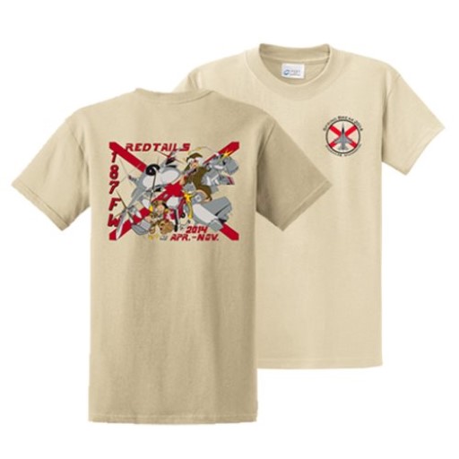 100th Fighter Squadron morale t‑shirt with Red Tails emblem and deployment design