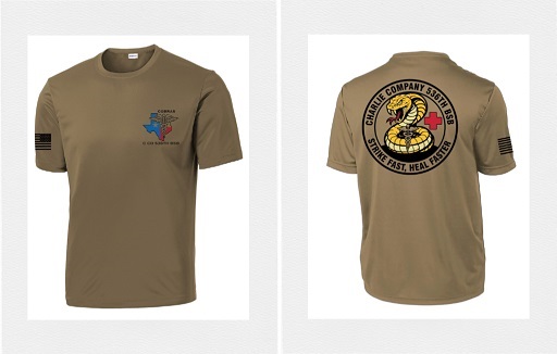 C Co 536 BSB ST350 Coyote Brown shirt mockup showing front, back, and right sleeve designs