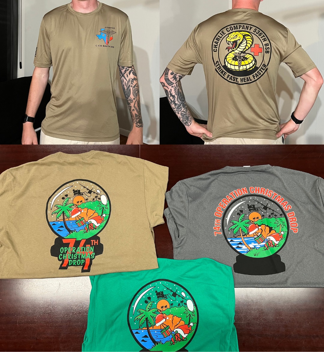 Collection of military-themed t-shirts with graphic emblems, shown worn and laid flat