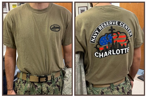 Front and back views of Navy Reserve Center Charlotte shirt worn with camouflage pants